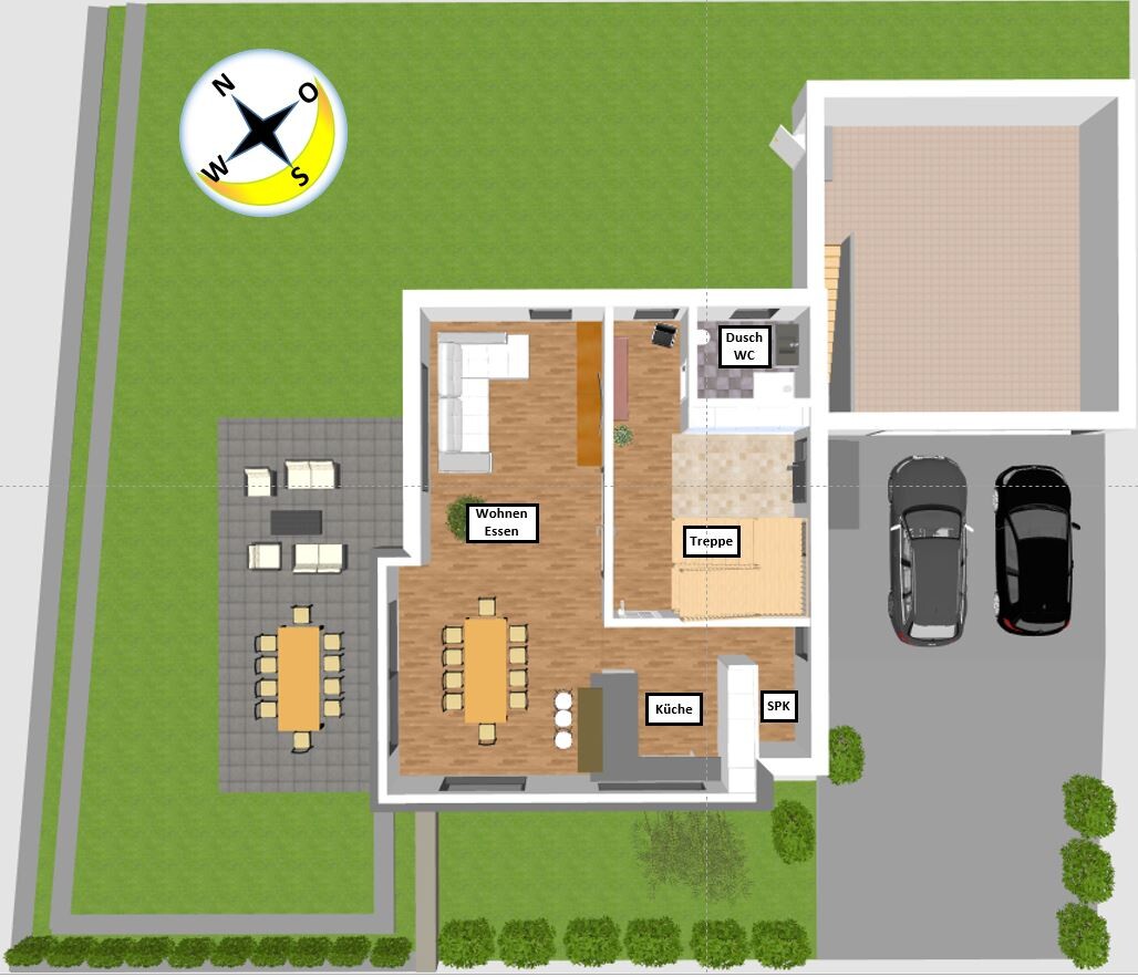Grundriss eines Hauses: Wohn-/Essbereich, Küche, Treppe, Dusch-WC, Terrasse, Garage.