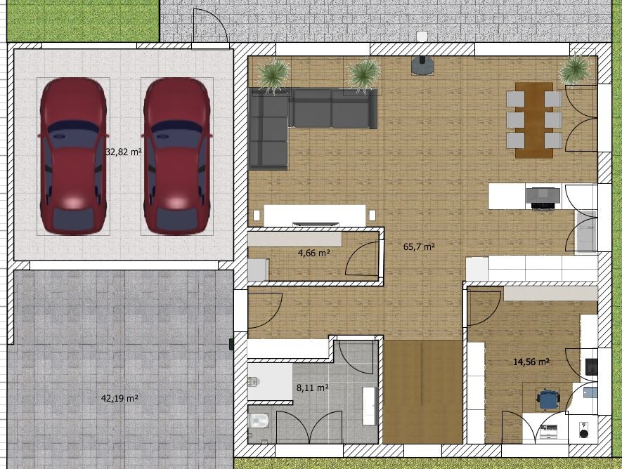 2D-Grundriss eines Hauses mit Garage, Wohnbereich und Küche