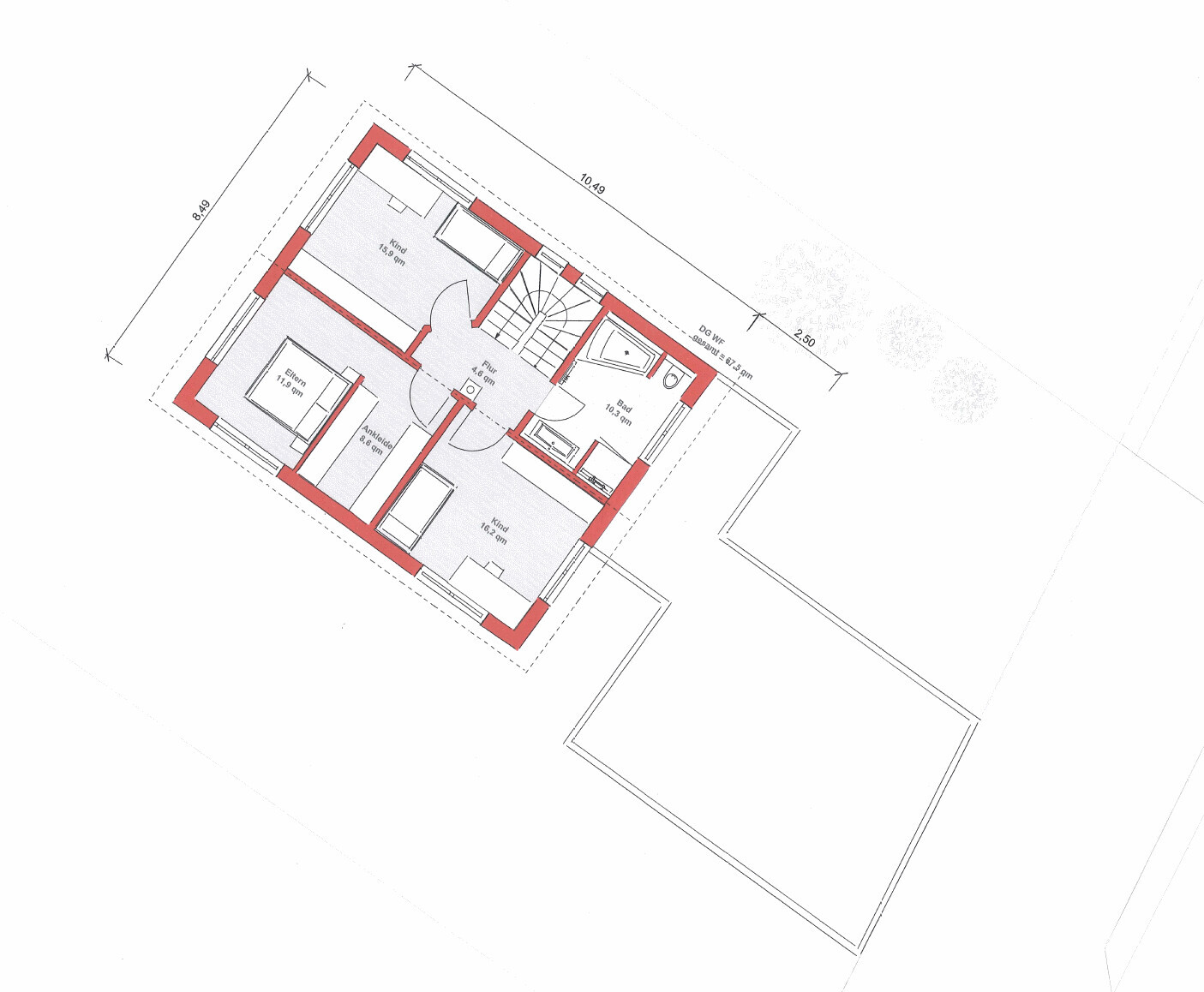 2D Grundriss eines Hauses mit Flur, Treppe, Eltern- und Kinderzimmer