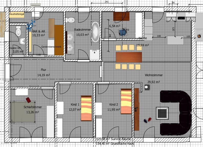 Grundriss eines Einfamilienhauses: Wohnzimmer, Küche, Bad, Flur, Schlafzimmer, zwei Kinderzimmer.
