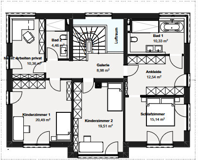 2D-Grundriss eines Einfamilienhauses mit Wohnzimmer, Schlafzimmer, Kinderzimmer und Bad
