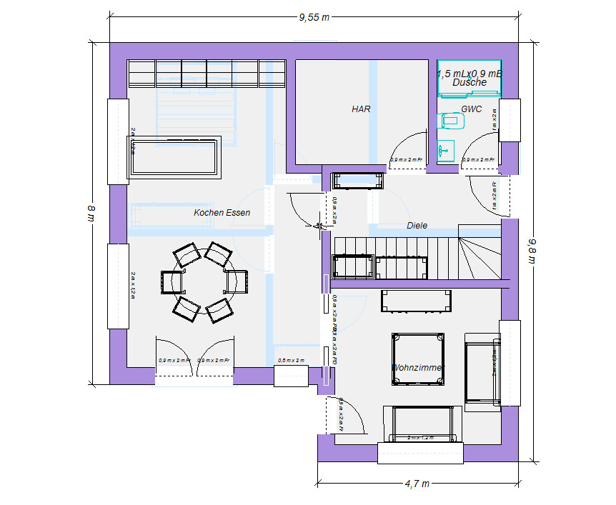 Grundriss: Küche mit Esstisch, Wohnzimmer mit Sofa, Diele, HAR, Dusche, Treppe.