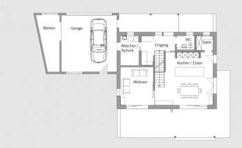 Grundrissplan eines Einfamilienhauses mit Garage, Eingang, Wohnen und Kochen