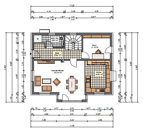 Grundrissplan eines Wohnhauses mit Wohnzimmer, Küche, Diele und Treppe
