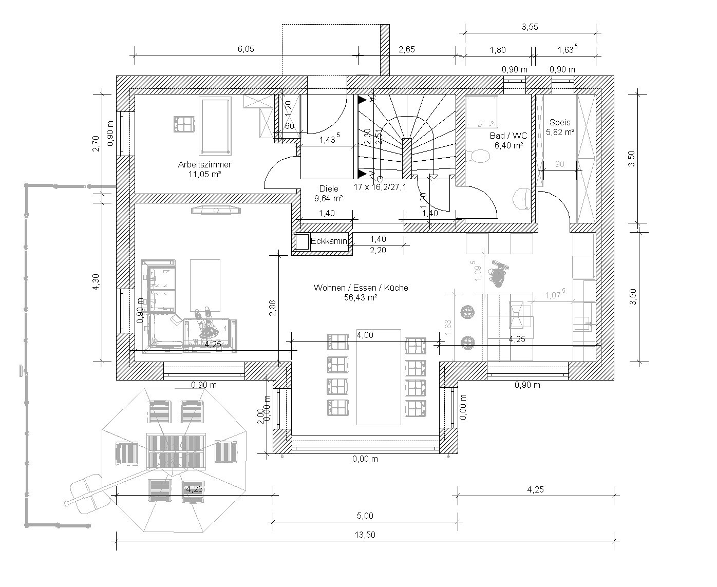 Grundriss eines Hauses: Wohnen/Essen/Küche, Arbeitszimmer, Diele, Bad, Speis, Treppenhaus.