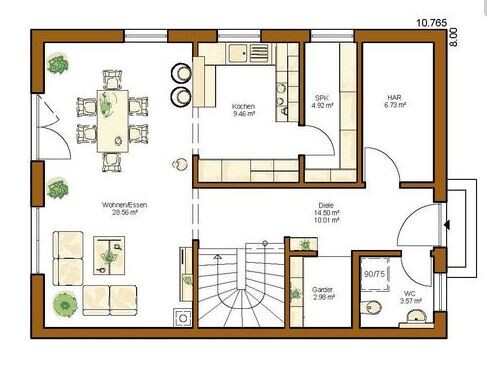 Grundrissplan eines Hauses mit Wohnzimmer, Kueche, Essbereich, Bad, Diele und Treppe