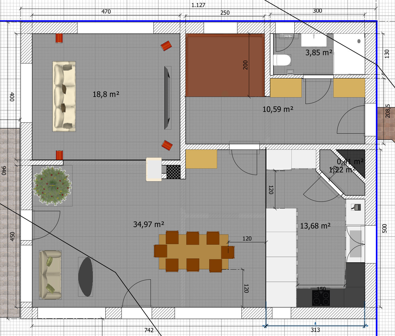 Grundriss einer Wohnung: Großes Wohnzimmer mit Esstisch, Küche, Schlafzimmer, Bad und Flur.