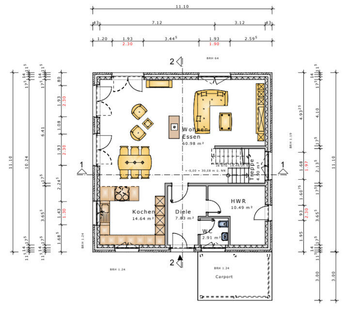 Grundriss Erdgeschoss: Küche, Diele, Wohnen/Essen, HWR, WC, Treppe, Carport