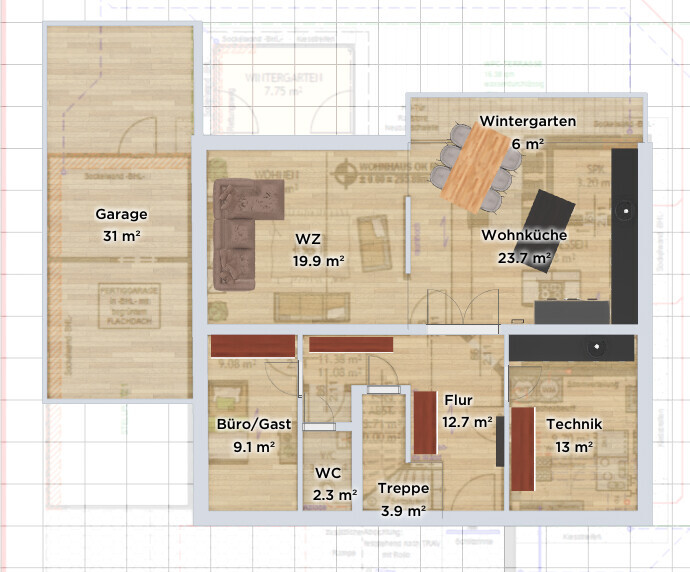 Grundriss eines Hauses mit Garage, WZ, Wohnküche, Wintergarten, Büro, WC, Flur, Treppe, Technik.