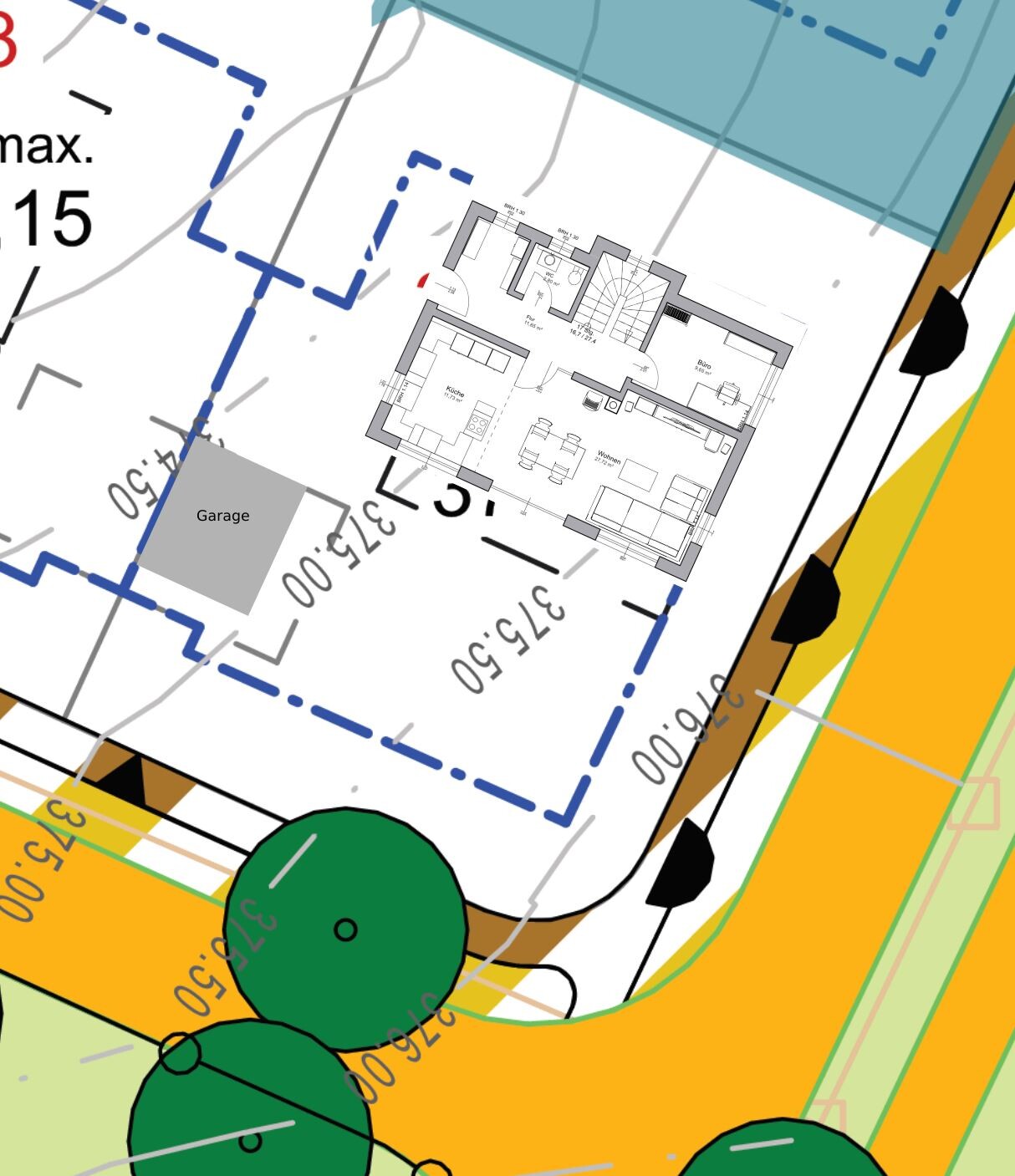 Grundriss eines Hauses mit Küche, Wohnzimmer, Büro und Garage; blaue Umrandung des Grundstücks.