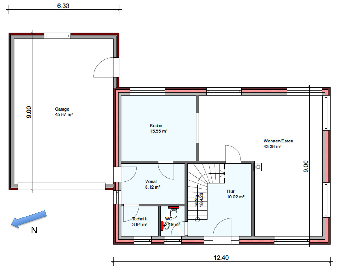 Grundriss eines Hauses mit Garage, Küche und Wohnbereich