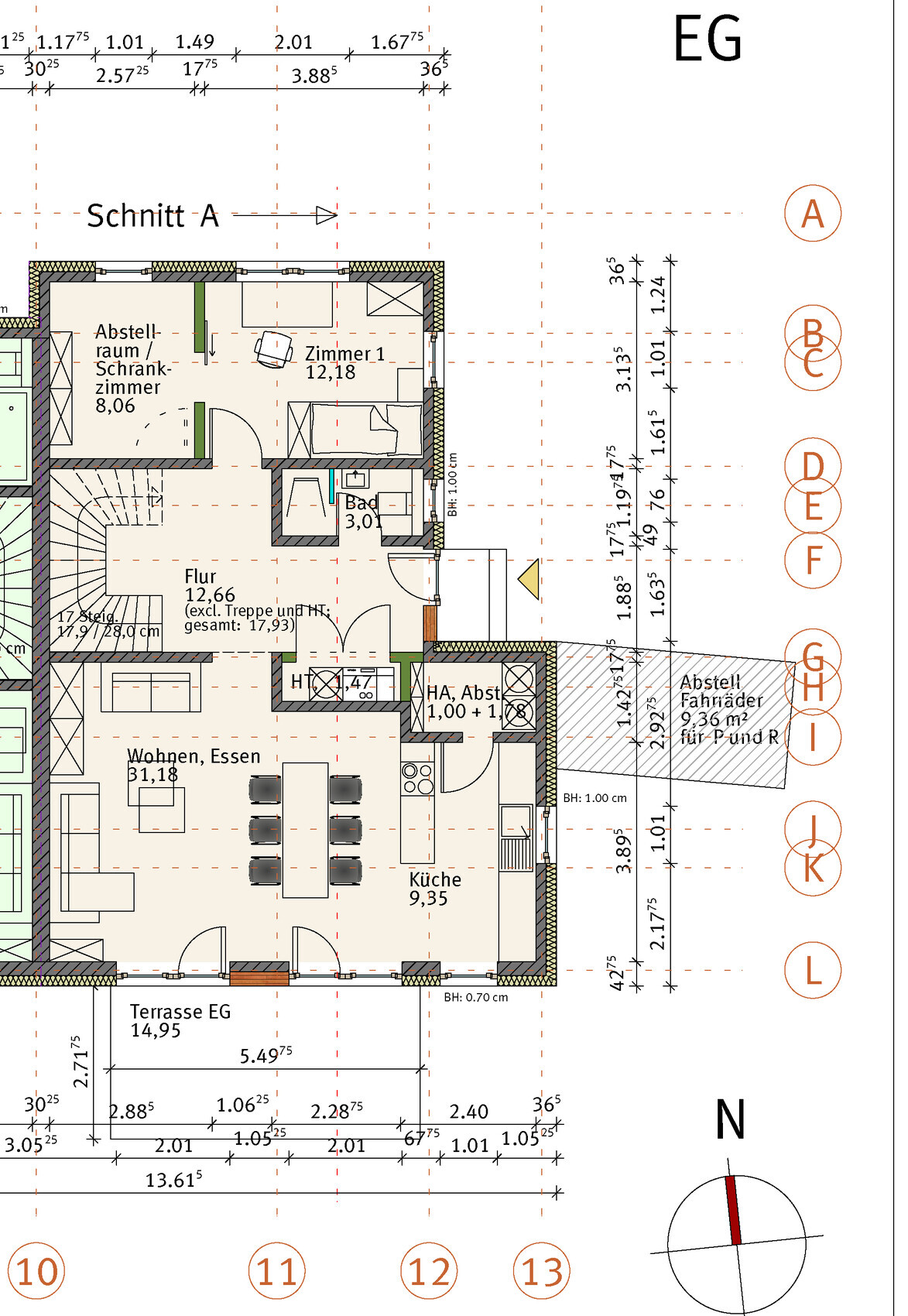 Grundriss EG mit Wohnzimmer/Essbereich, Küche, Terrasse, Flur, Bad und Abstellräumen.