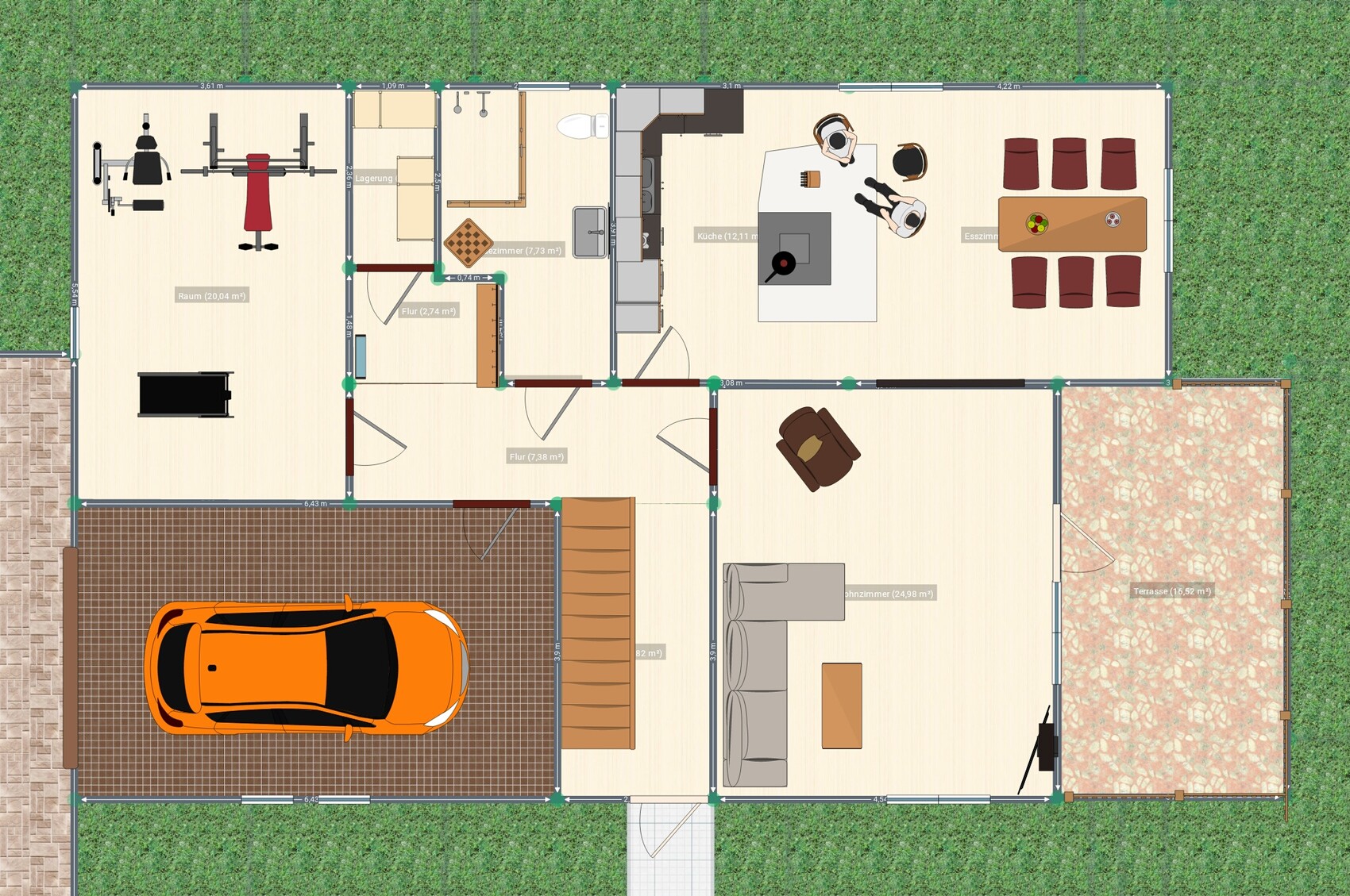 Detaillierter Hausgrundriss mit Garage, Küche, Wohnzimmer und Terrasse.