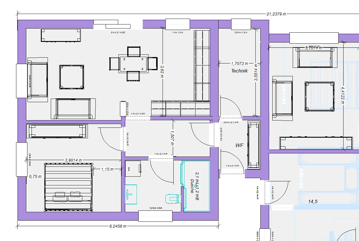 Grundriss eines Wohn- und Schlafbereichs mit Wohnzimmer, Essplatz, Küche, Bad und Technikraum.