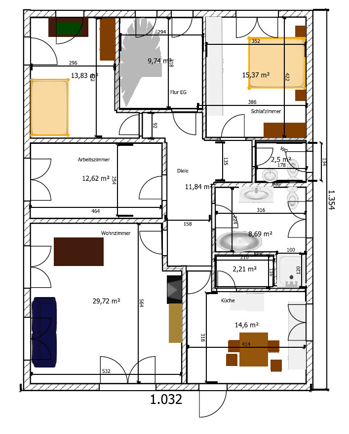 Detaillierter 2D-Grundriss eines Hauses mit Schlafzimmern Wohnzimmer Küche und Bad