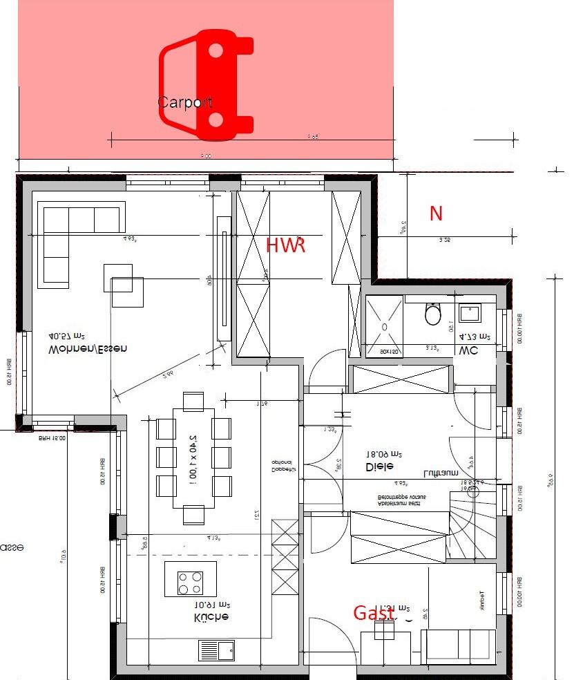 Grundriss: Carport oben, Küche mit Esstisch, Wohnzimmer links, HWR, Gästezimmer rechts.