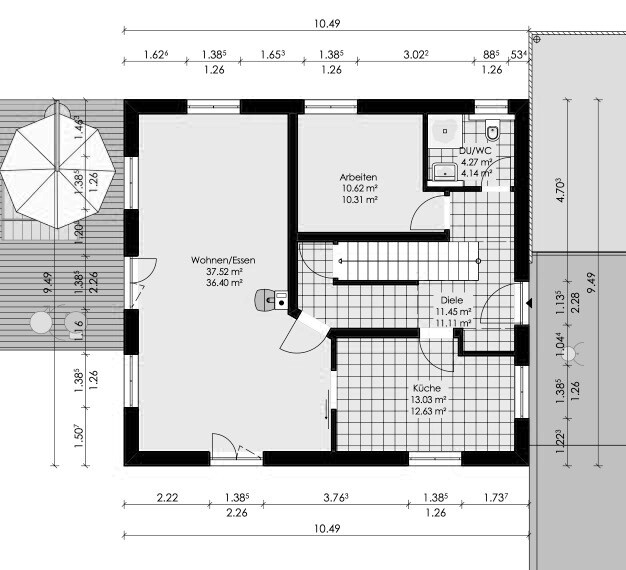 Grundriss EG: Wohnzimmer/Essen, Küche, Arbeitszimmer, Diele; Dusche/WC; Terrasse