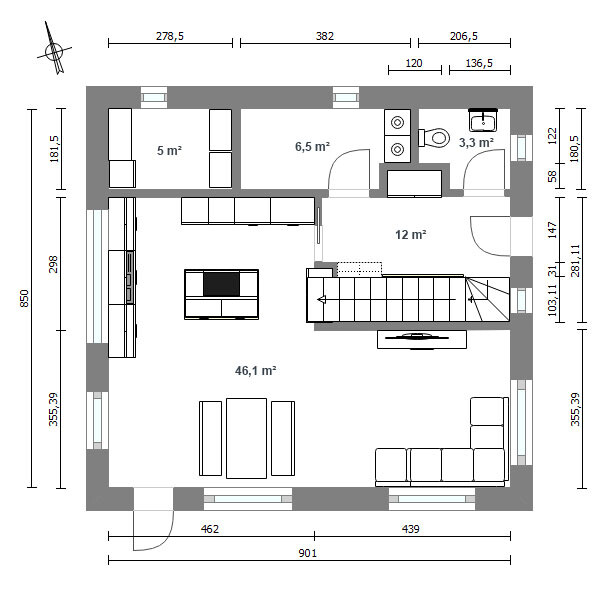 2D-Grundriss eines Hauses mit Wohnzimmer, Küche, Bad, Treppe und Maßangaben