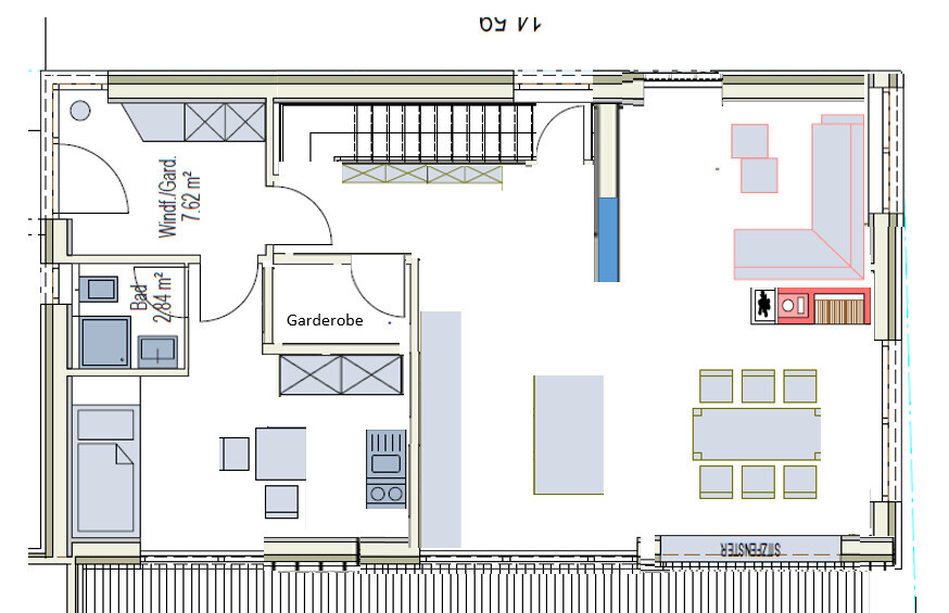 Grundriss eines Apartments: Wohnzimmer, Küche, Schlafzimmer, Bad, Garderobe, Treppe.
