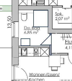 2D-Grundriss eines Wohn- und Essbereichs mit Bad und Flur