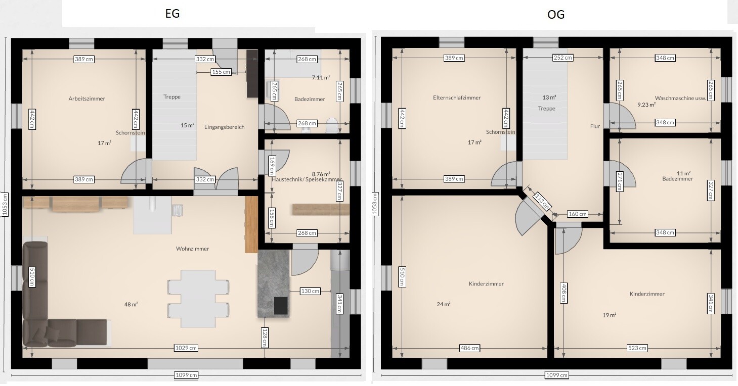 Zweigeschossiger Grundriss: EG mit Wohnzimmer; OG mit Eltern- und Kinderzimmer.