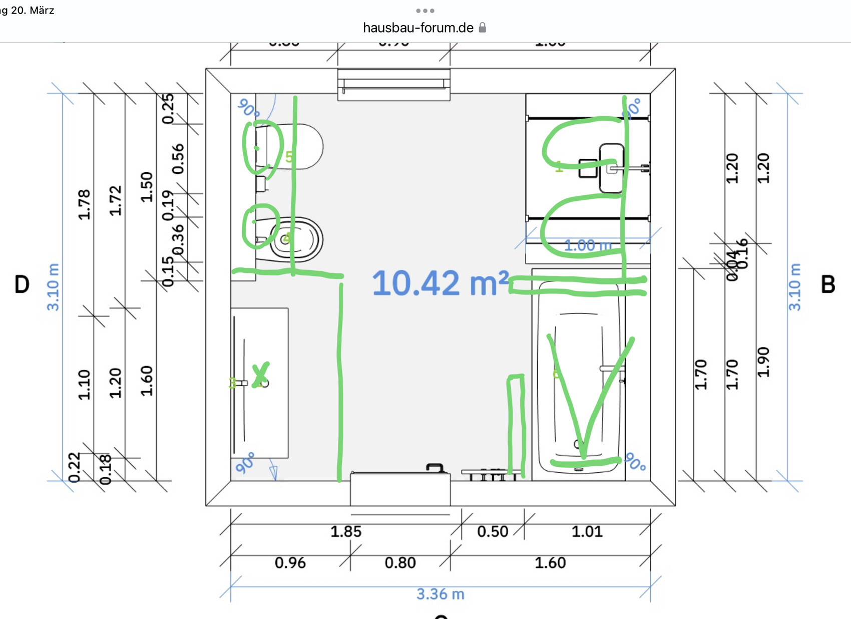 Grundriss eines Raums mit 10,42 m² Fläche; Eingang links, Badbereich rechts, Messlinien sichtbar.