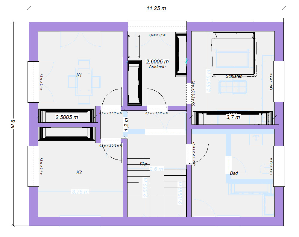Grundriss eines Hauses mit zwei Zimmern (K1, K2), Flur, Bad, Schlafen, Ankleide und Treppe