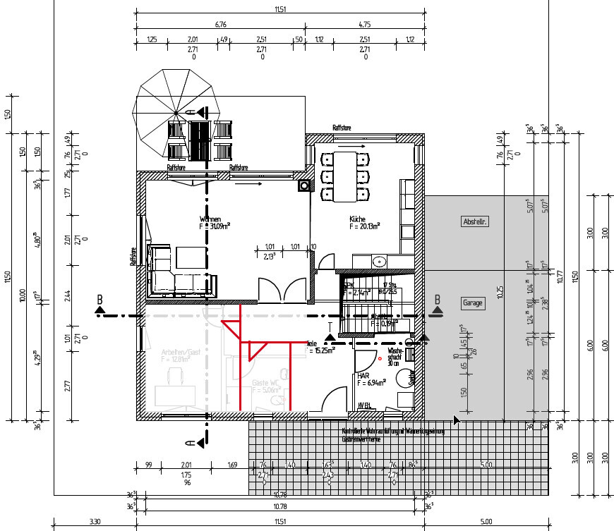 Grundriss eines Hauses: Wohnzimmer, Küche, Essbereich, Flur, Bad, Garage; rote Linie markiert.