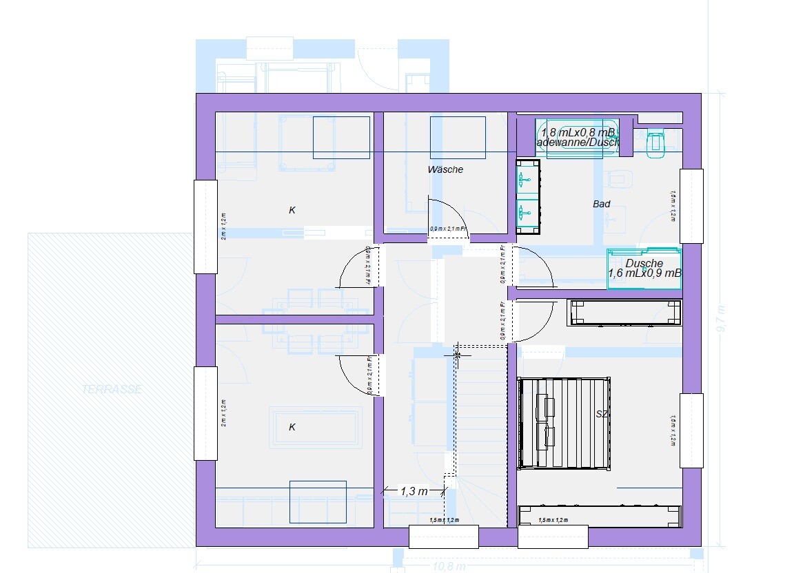 Grundriss eines Hauses mit Küche (K), Bad, Dusche, Wäsche, Schlafzimmer, Treppe und Terrasse.