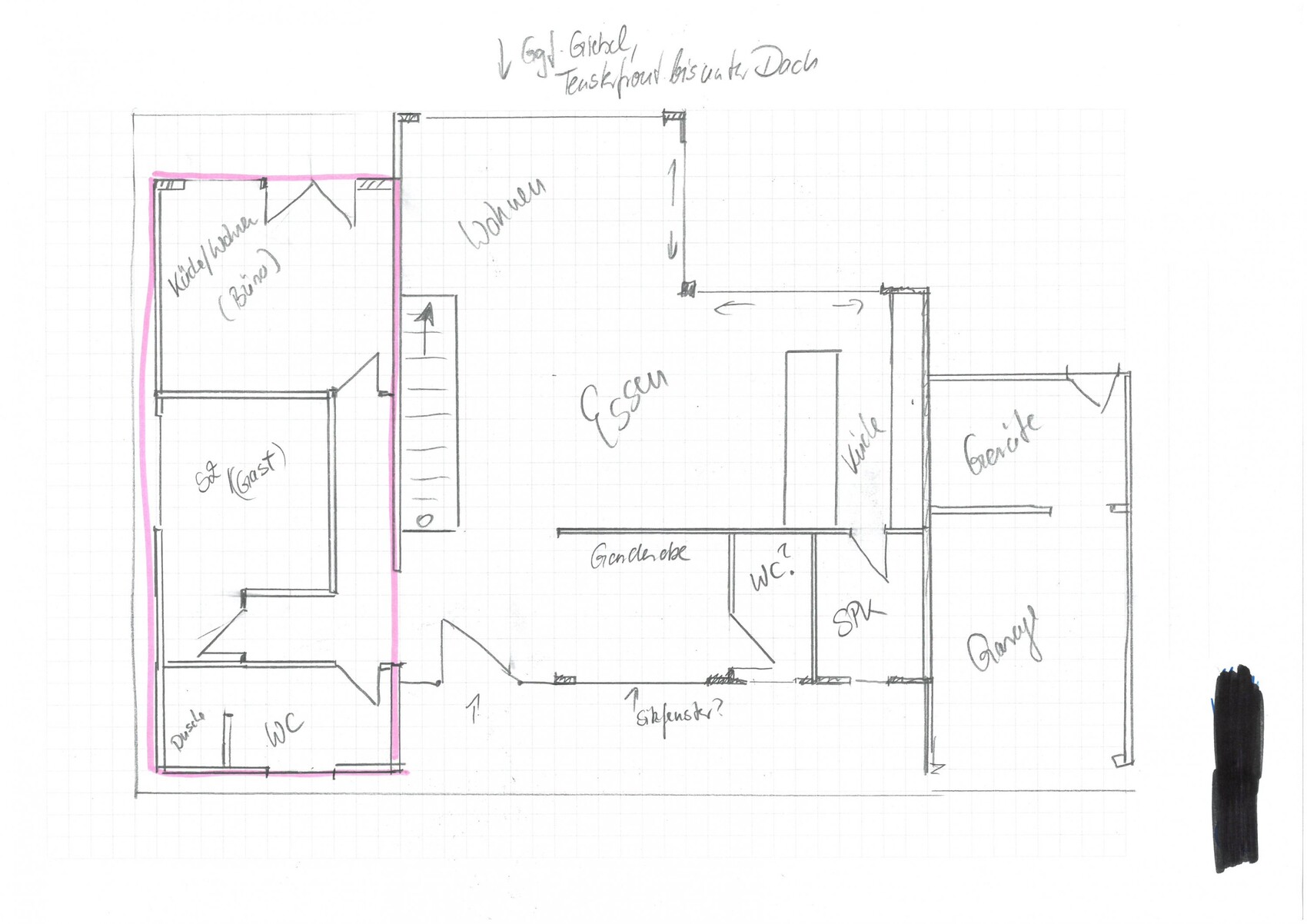 Handgezeichneter Grundriss eines Hauses: Wohnzimmer, Flur, Küche, WC, Bad, Schlafzimmer, Garage.