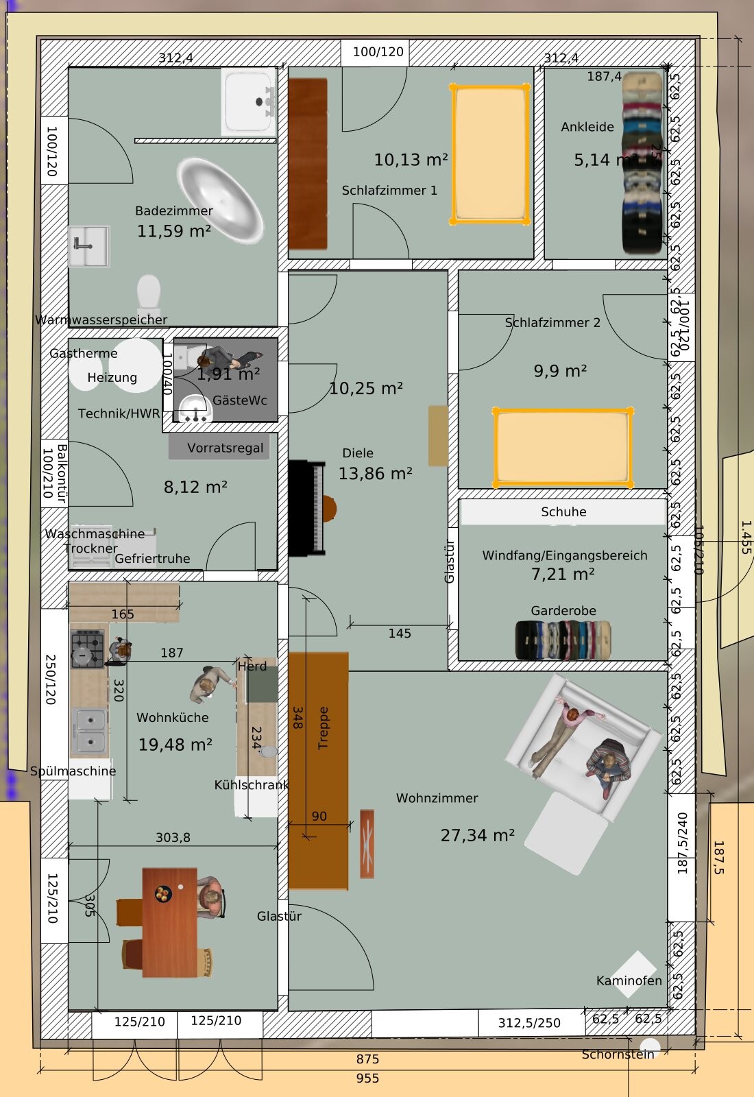 Grundriss eines Hauses mit Wohnzimmer, Küche, Bad, Schlafzimmer, Diele, Treppe, Garderobe