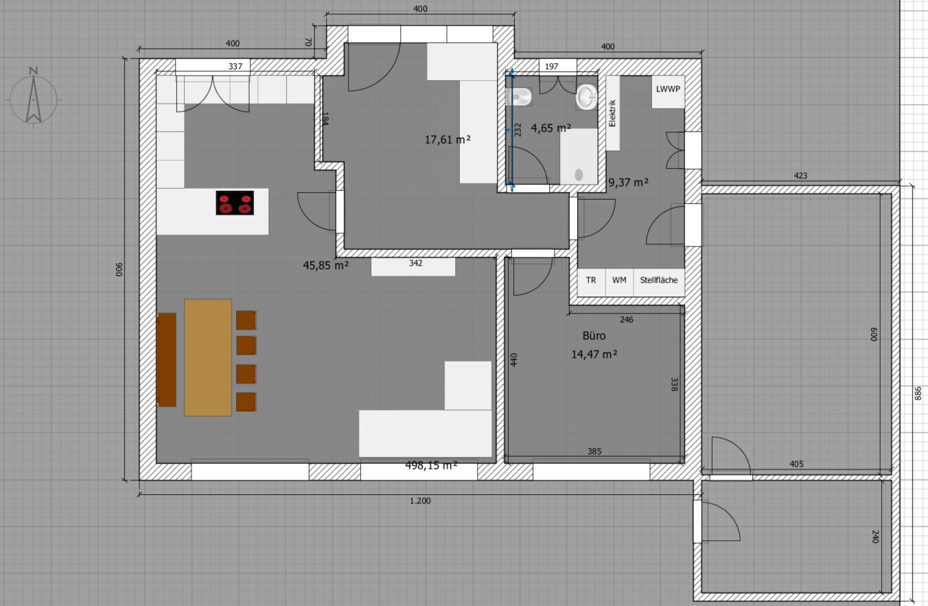 Grundriss eines Hauses als Grundrissplan: Küche mit Insel, Esstisch, Wohnzimmer, Büro, Bad und Flur.