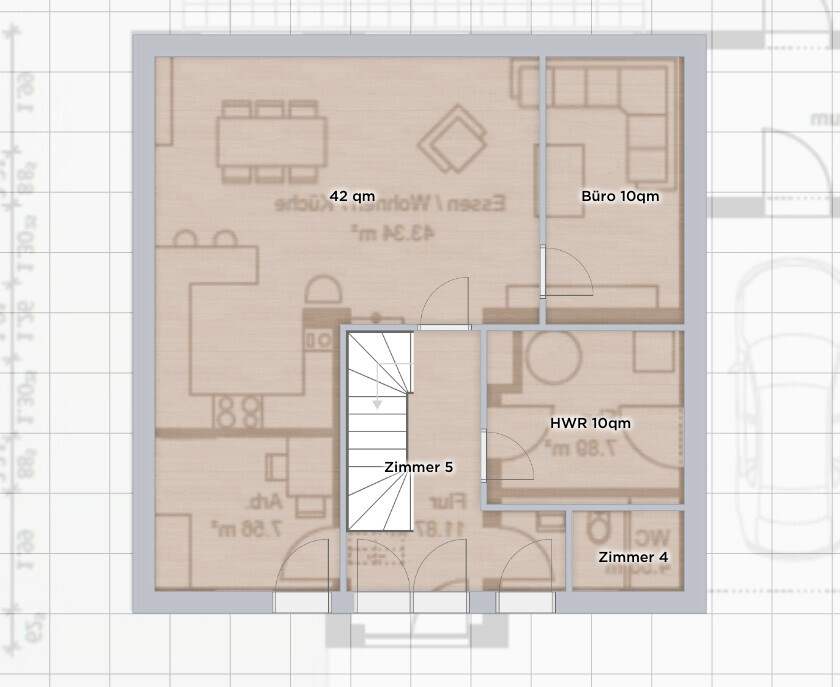 Grundriss: 42 qm Wohn-/Essbereich links, Büro 10 qm oben rechts, HWR 10 qm, Zimmer 4/5, Treppenhaus.