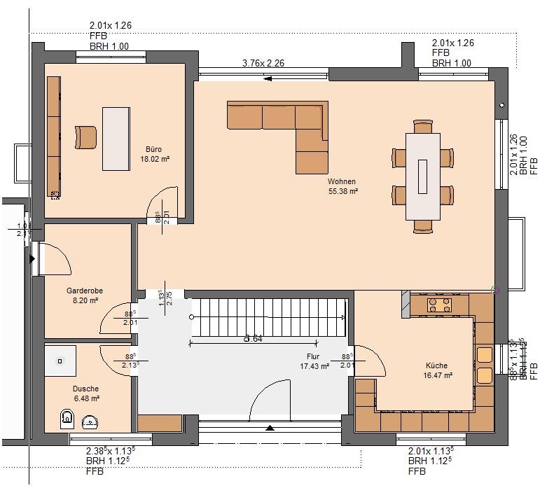 Grundriss eines Wohnbereichs mit Wohnzimmer, Esstisch, Küche, Büro, Garderobe, Flur.