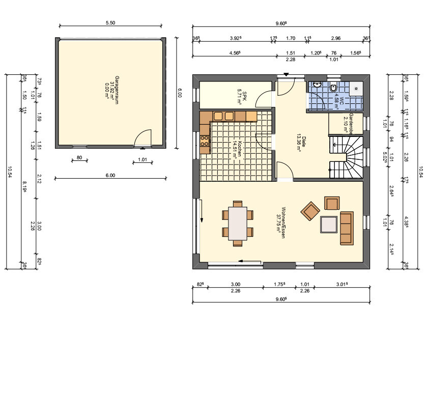 Grundriss eines Hauses: Wohnzimmer, Küche, Esszimmer, Diele, Bad, Treppe; separater Anbau/Garage.
