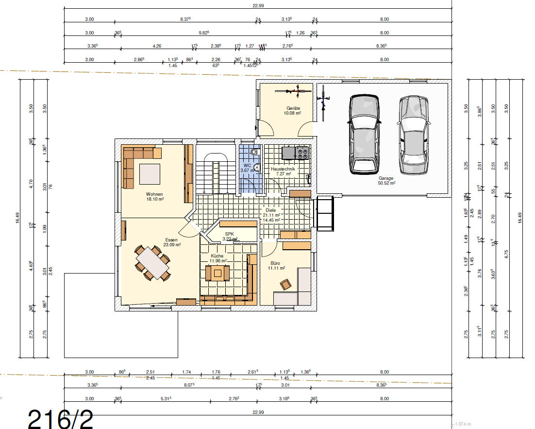 Grundriss eines Einfamilienhauses mit Wohnzimmer, Küche, Essbereich und Garage