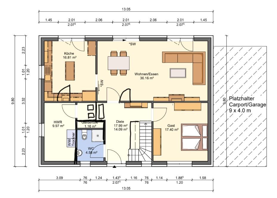 Grundriss eines Hauses mit Küche, Wohnzimmer, Diele und Gästezimmer - Erdgeschoss