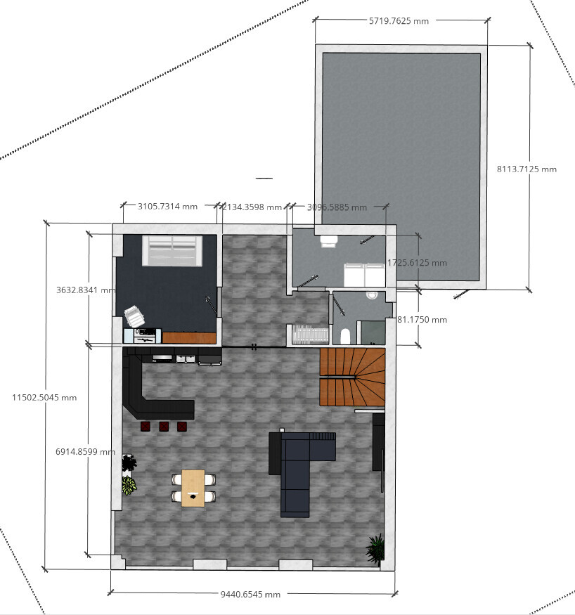 Grundriss eines Hauses: Offener Wohnbereich mit Sofa, Esstisch, Küche, Treppe und Schlafzimmer.