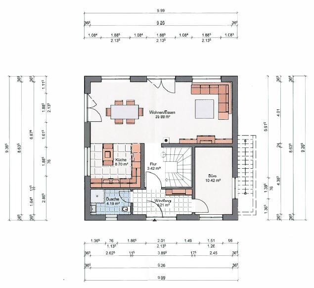 Grundriss eines Hauses: Wohnzimmer, Essbereich, Küche, Flur, Büro, Dusche, Windfang