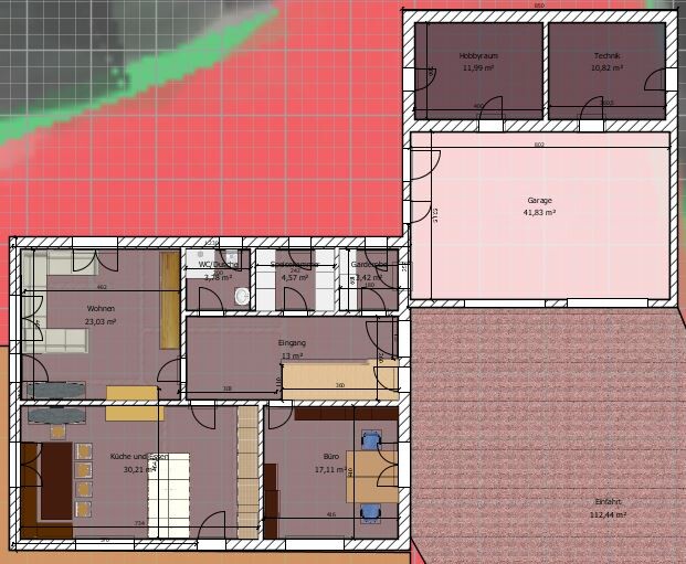 2D-Grundriss eines Hauses mit Wohnzimmer, Küche, Eingangsbereich, Garage und Hobbyraum