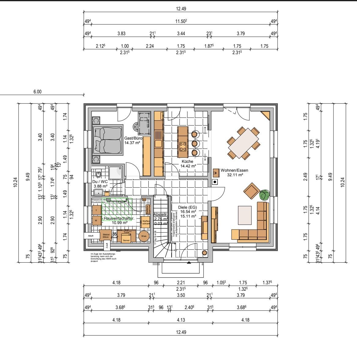 Grundriss: Erdgeschoss eines Hauses mit Küche, Wohn-/Essbereich, Gästezimmer/Büro, Diele, WC.