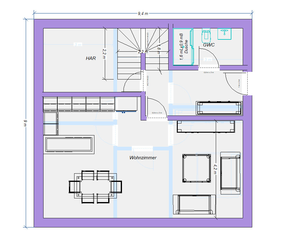 Grundriss eines Hauses: Wohnzimmer, HAR, Treppe, GWC/Dusche und Möbel.