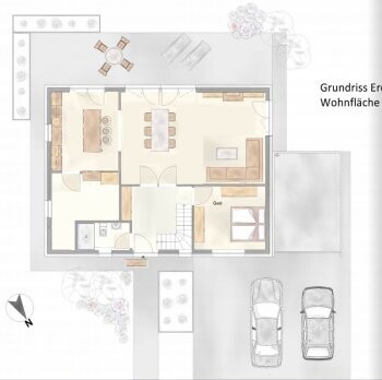 2D Grundrissplan eines Hauses mit Wohnzimmer, Küche, Essbereich und Außenbereich mit Parkplätzen