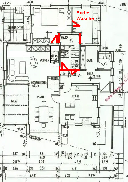 2D-Grundriss eines Hauses mit Wohnzimmer, Küche, Essbereich und Bad.