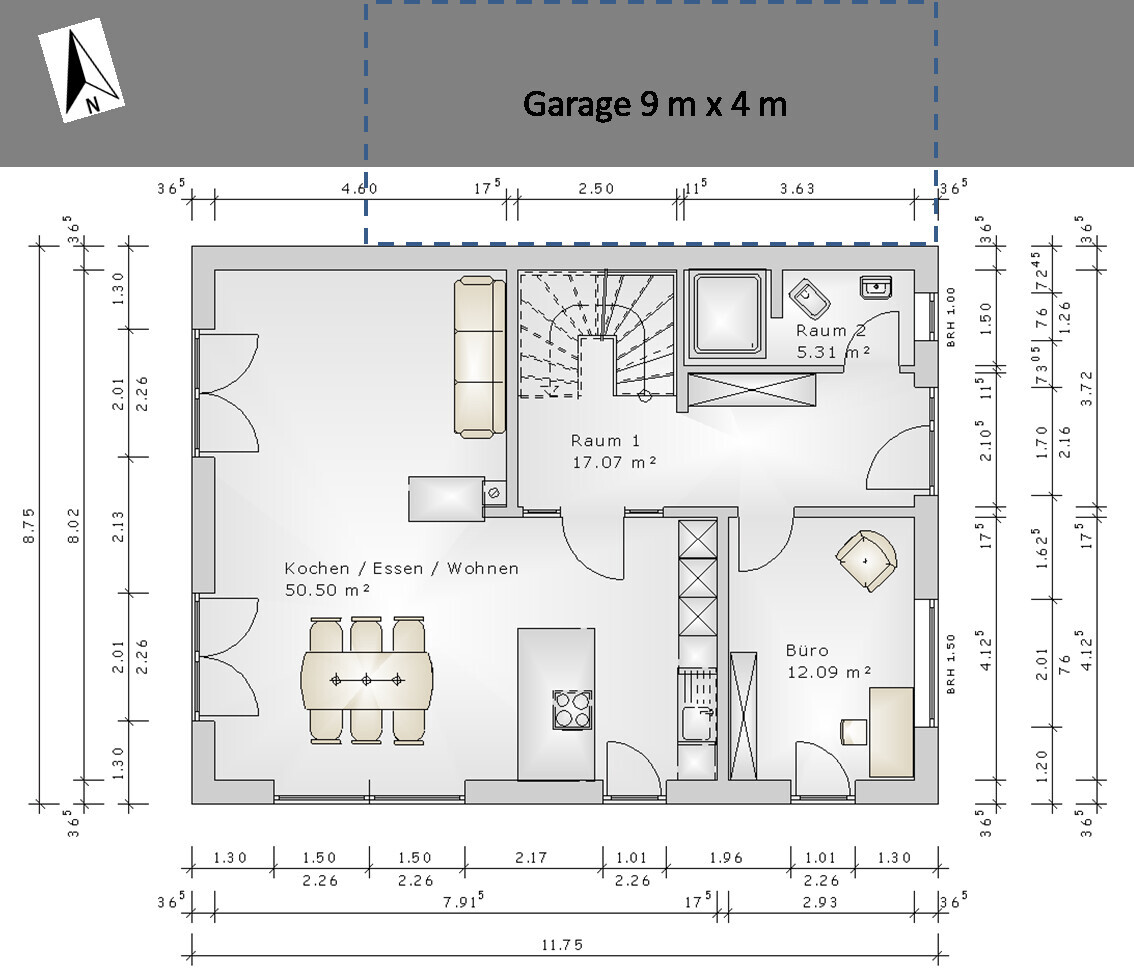 2D-Grundriss eines Hauses mit Wohnbereich, Küche, Büro und Garage
