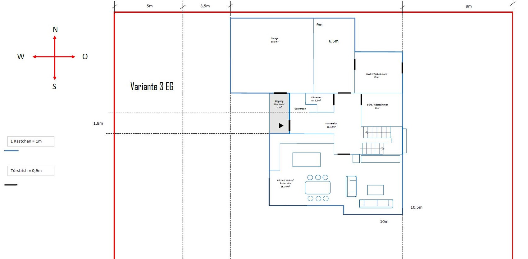 Grundriss EG Variante 3: Küche/Wohnen/Essbereich, Garage, HWR, Tech., Büro/Gästezimmer.