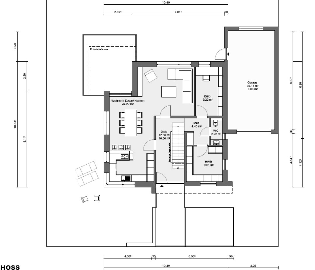Grundriss eines Hauses: Offener Wohn-/Ess-/Kochbereich, Büro, Diele, Garderobe, WC, HWR, Garage.