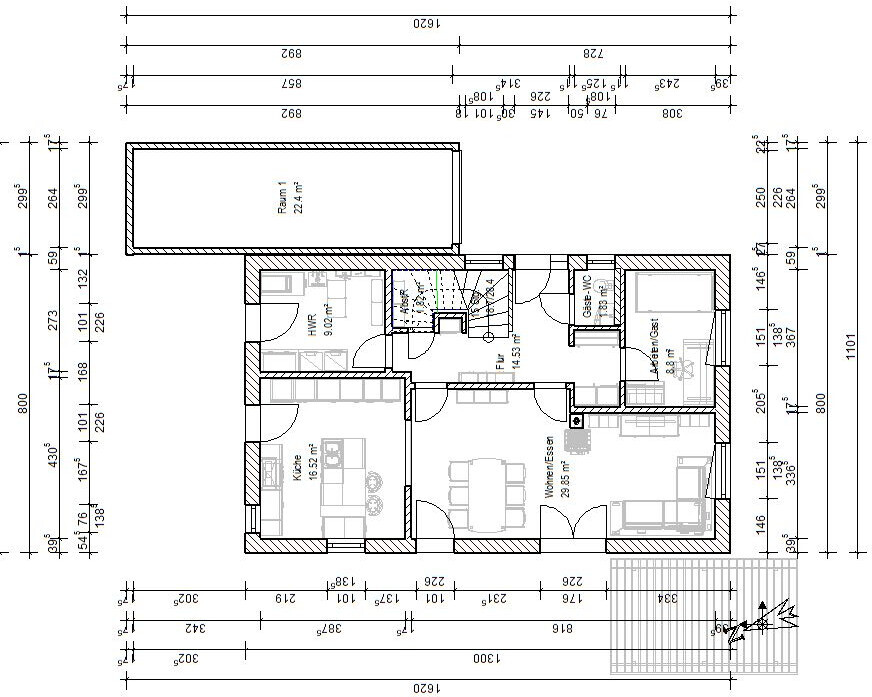 Grundriss eines Hauses: Küche, Wohn- und Essbereich, Schlafzimmer, Bad, Flur, HWR, Gäste-WC.