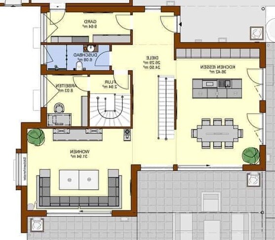 2D-Grundriss eines Hauses mit Wohnzimmer, Küche, Essbereich, Flur, Treppe und Terrasse