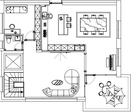 Grundriss: Wohnzimmer, Küche mit Insel, Esstisch, Bad, Terrasse.